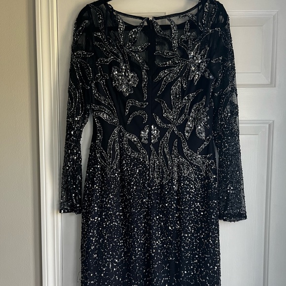 Adrianna Papell Long Sleeve Sequined Beaded Mesh Dress-Midnight Short - Picture 8 of 10